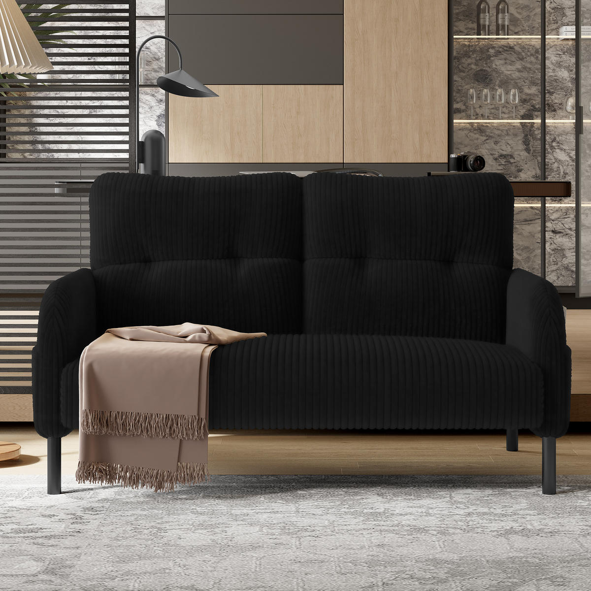 2-SITZER-SOFA Stoffcouch mit Seitentaschen,Cord,Schwarz - Grau, Textil (120/79/75cm) - LVHOM