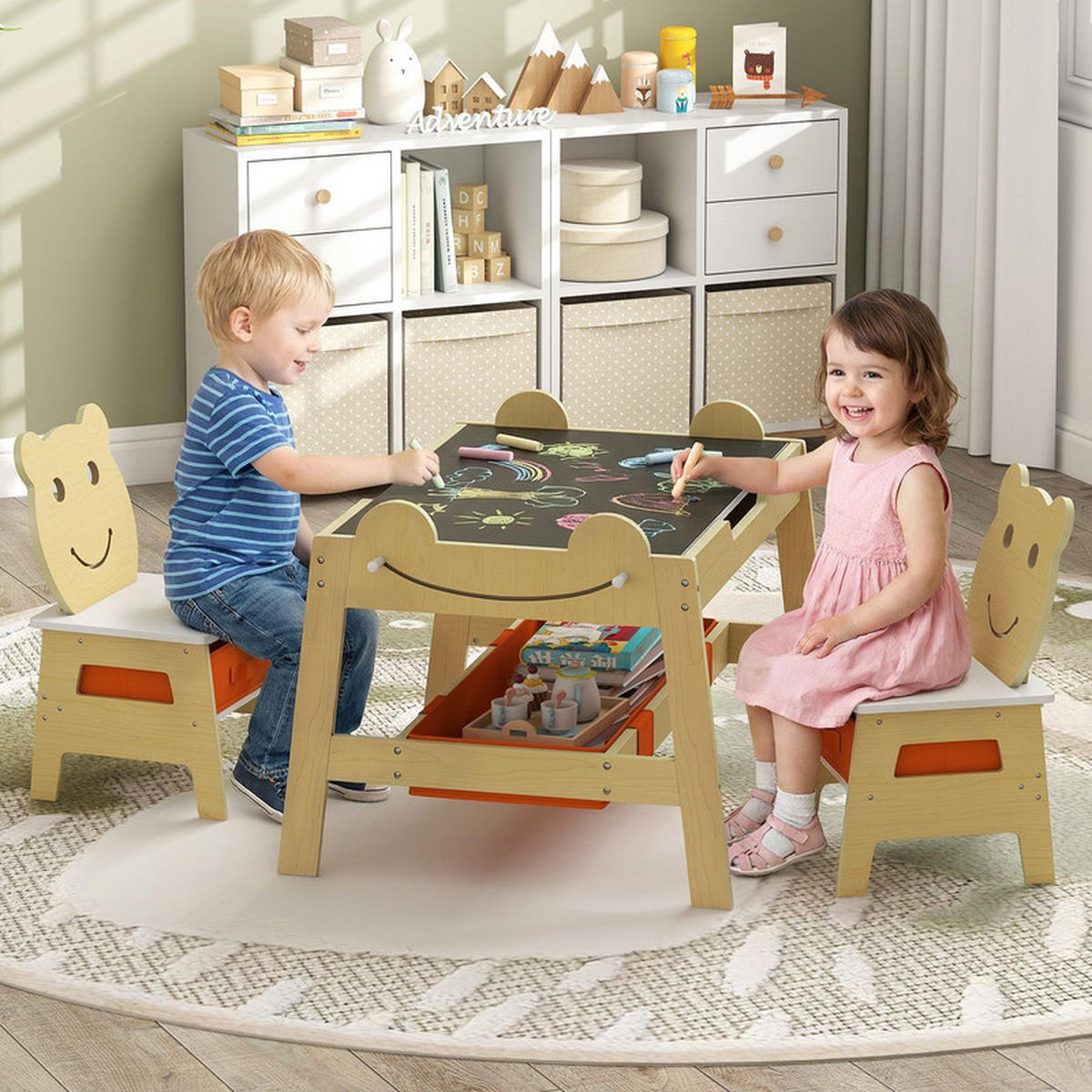 KINDERTISCH mit stuhl natur(3-tlg) - Naturfarben, Holzwerkstoff (70/50/60.5cm) - COSTWAY