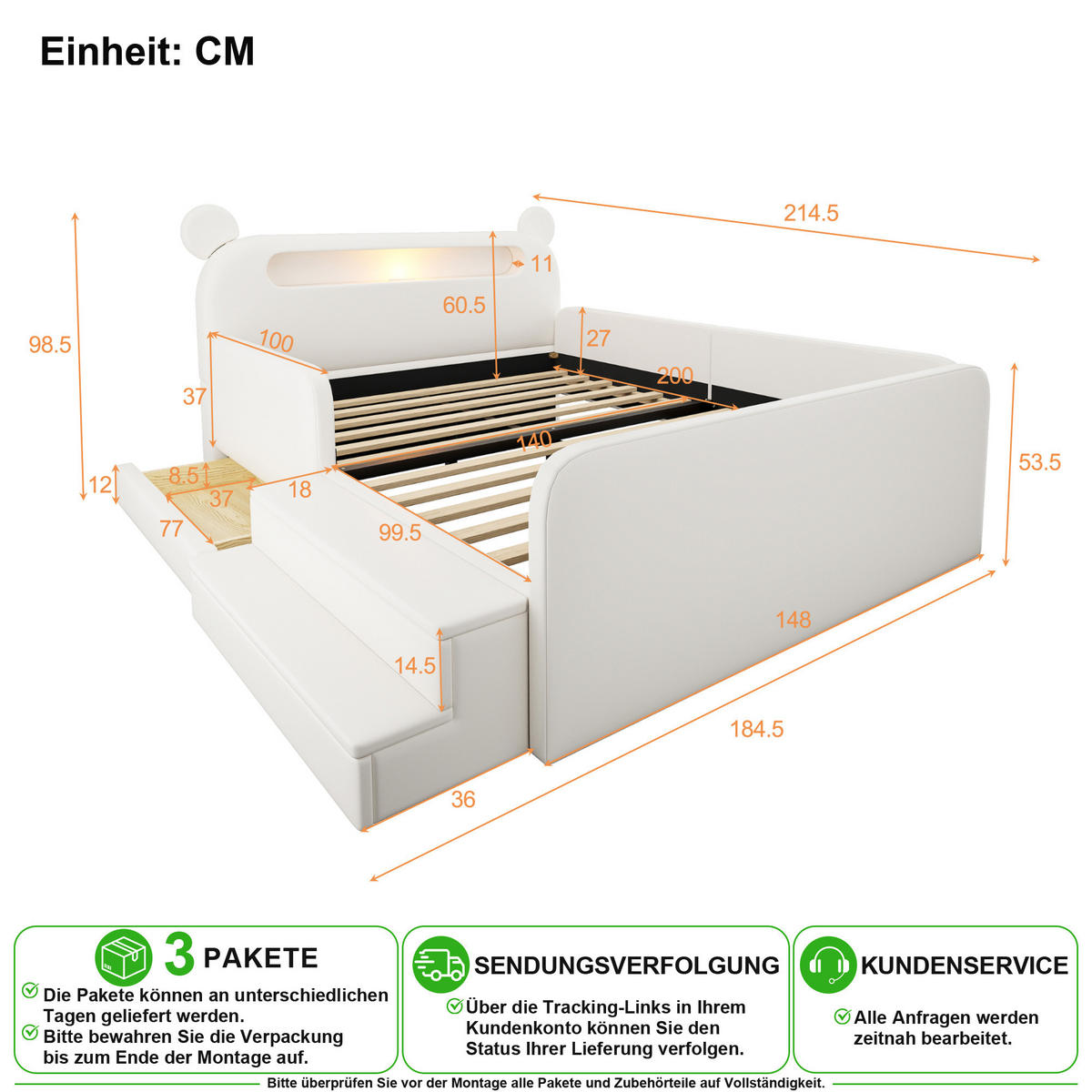 KINDERBETT 140/200 cm in Weiß mit Bettkasten, Nachtlicht und USB - Weiß, Holzwerkstoff/Textil (140/200cm) - CHICFURN
