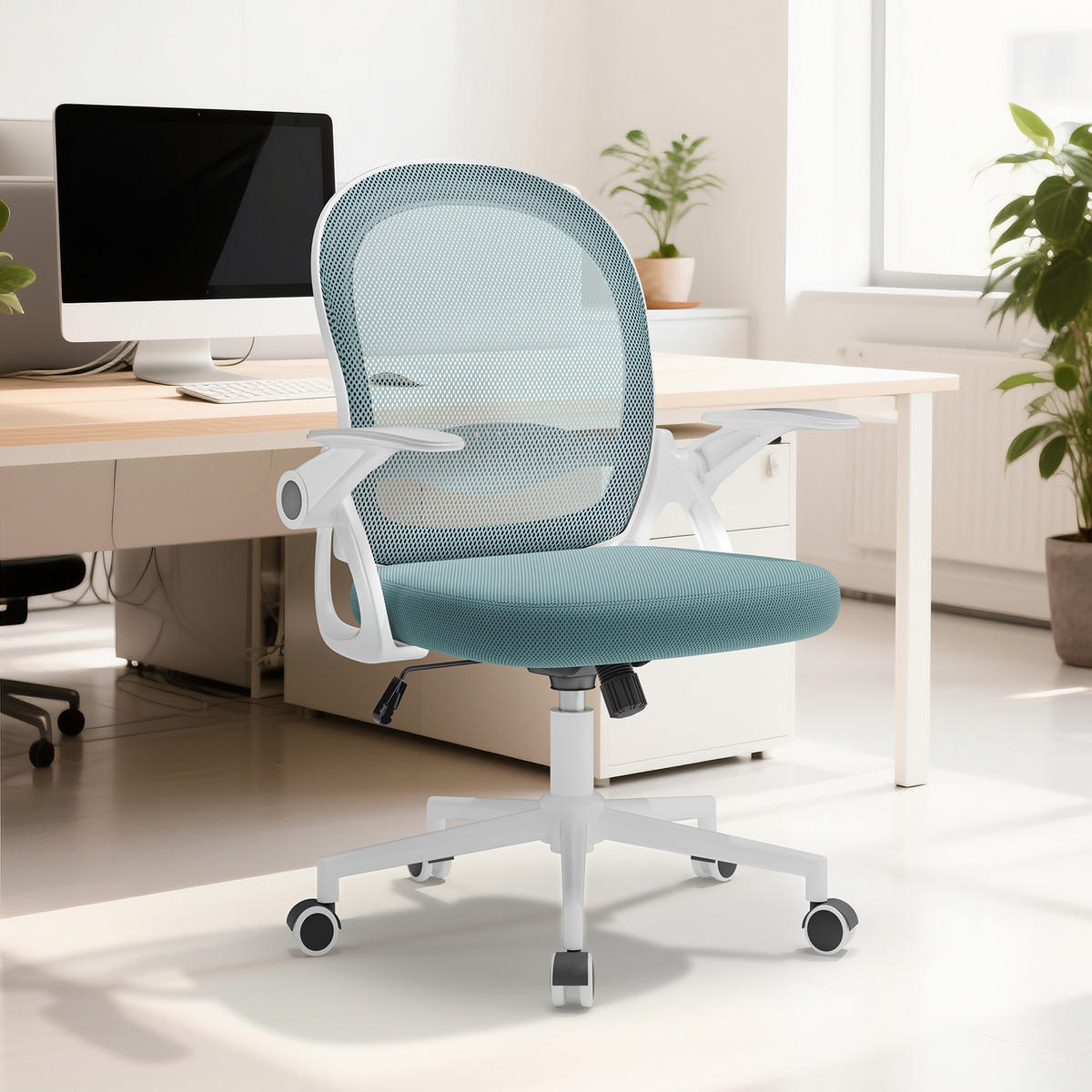 SCAUN DE BIROU ergonomic cu spătar mediu, cotiere rabatabile și suport lombar – Verde deschis - verde deschis, metal (56/98/56cm) - Rattantree