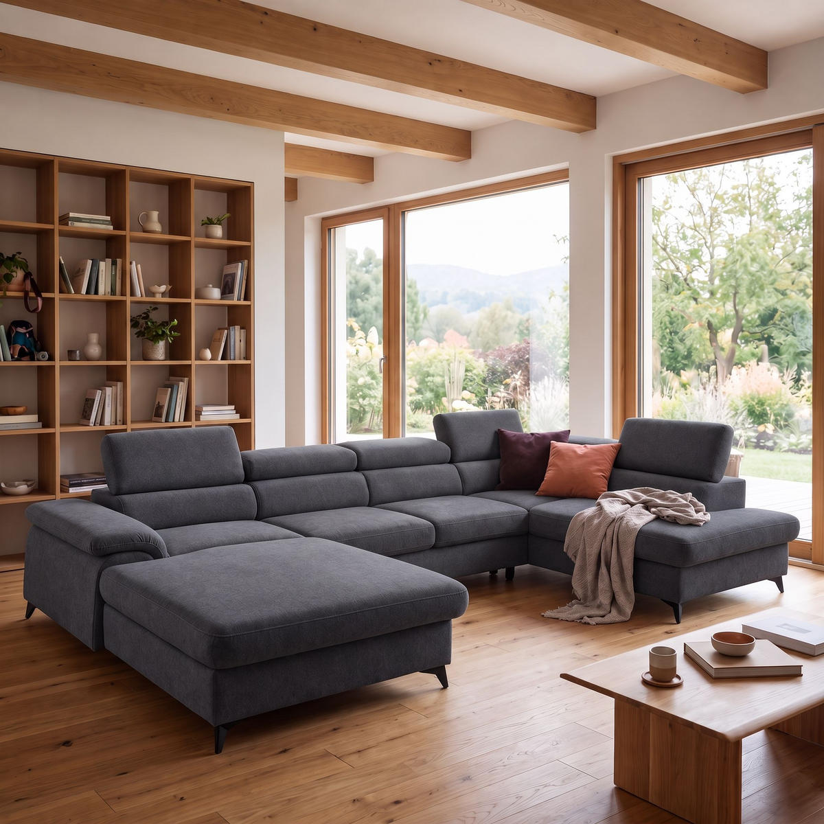 ECKSOFA U-Form PLAZA U Rechts mit Schlaffunktion 125x256 Velours Anthrazit - Anthrazit/Schwarz, Holz/Kunststoff (210/95/350cm) - Muffo