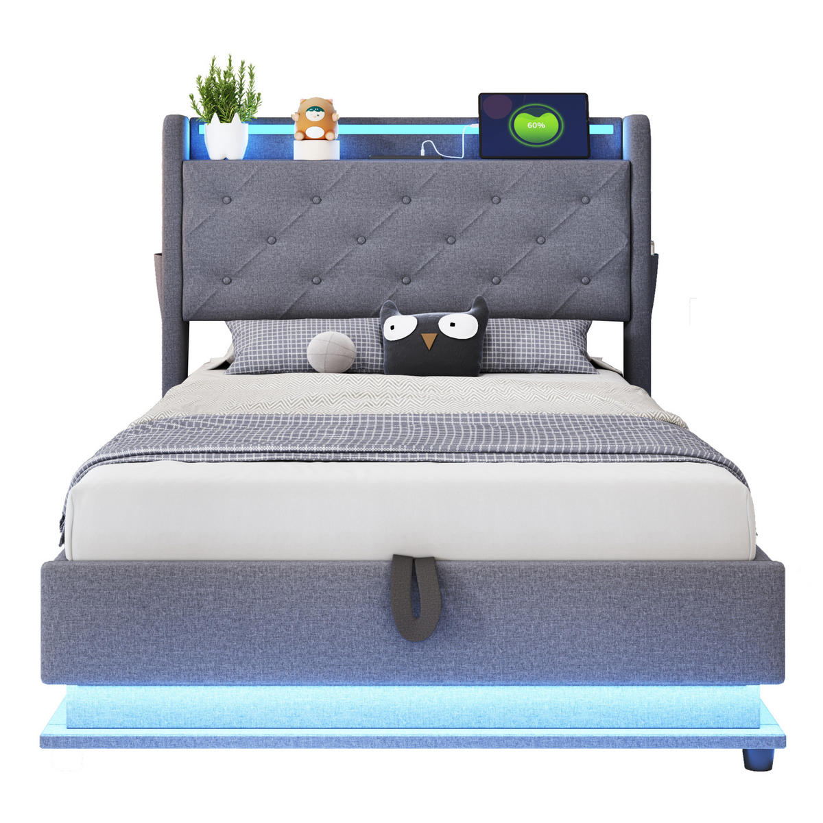 KINDERBETT 90/200 cm aus Leinenstoff mit LED-Beleuchtung, USB-Anschlüssen und hydraulischem Stauraum Grau - Grau, Textil (90/200cm) - Modenvie
