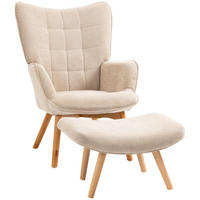 OHRENSESSEL mit Hocker, Relaxsessel, Polstersessel in Cord-Optik, mit Holzbeine - Beige, Holz (80/101/72cm) - HOMCOM