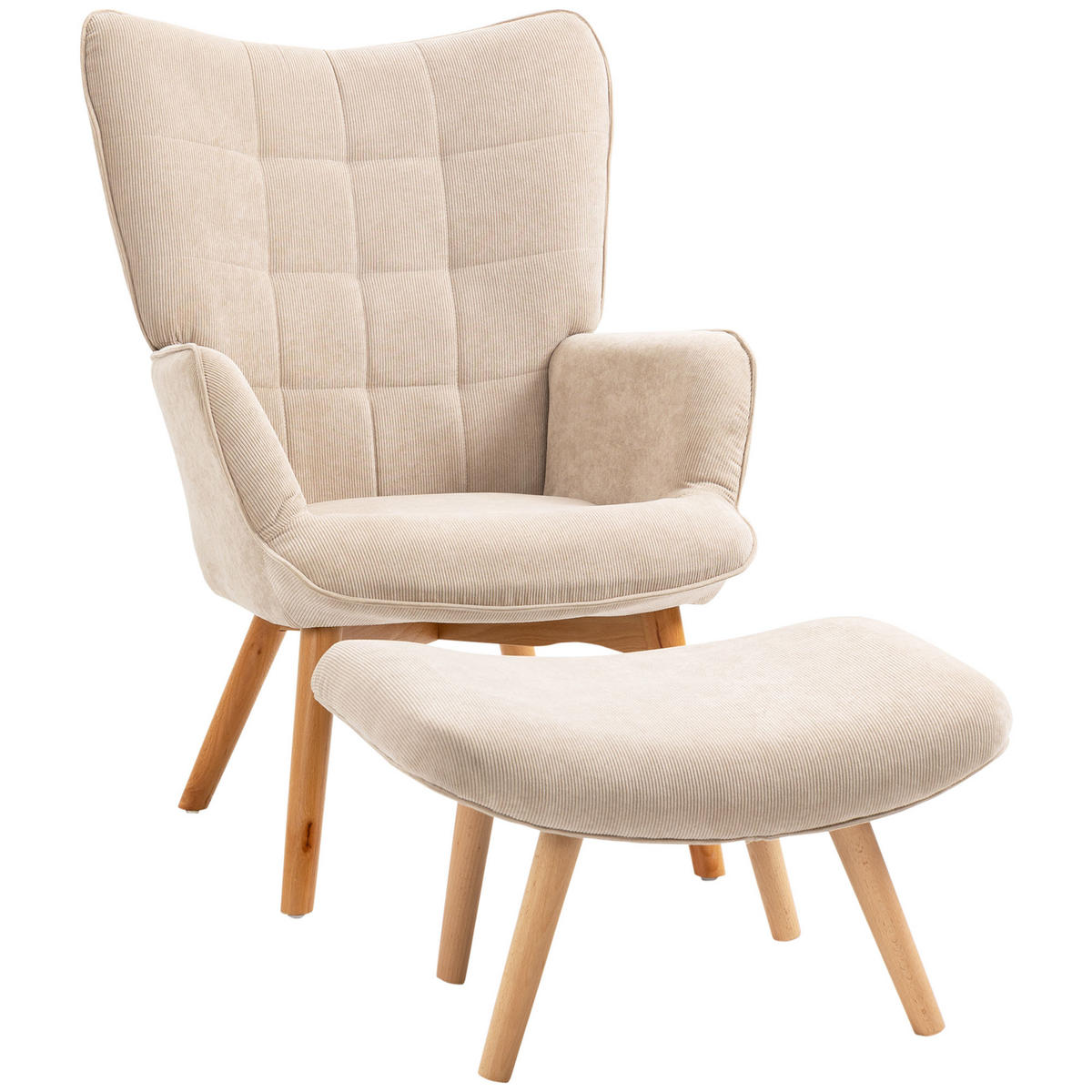 OHRENSESSEL mit Hocker, Relaxsessel, Polstersessel in Cord-Optik, mit Holzbeine - Beige, Holz (80/101/72cm) - HOMCOM