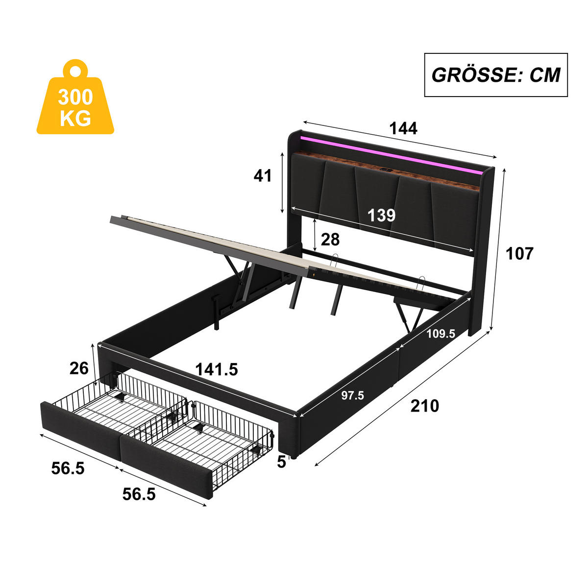 POLSTERBETT 140x200 cm, Bett mit LED-Beleuchtung, Grau Leinen - Schwarz, Metall (140/200cm)