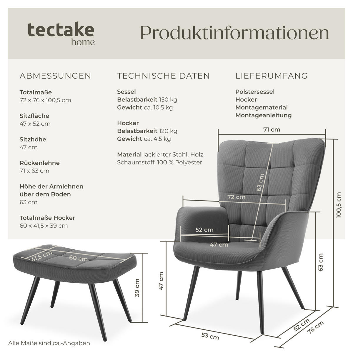 SESSEL Hygge,72 x 76 x 100,5 cm,Feincord anthrazit/schwarz - Anthrazit/Schwarz, Kunststoff (72/100.5/76cm) - tectake