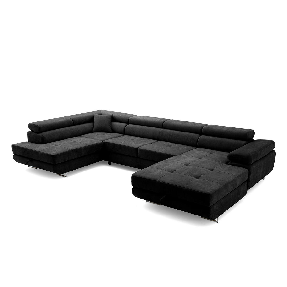 ECKSOFA U-Form WILD U Links mit Schlaffunktion 130x260 Chenille Schwarz - Silberfarben/Schwarz, Holz/Textil (350/90/203cm) - Muffo