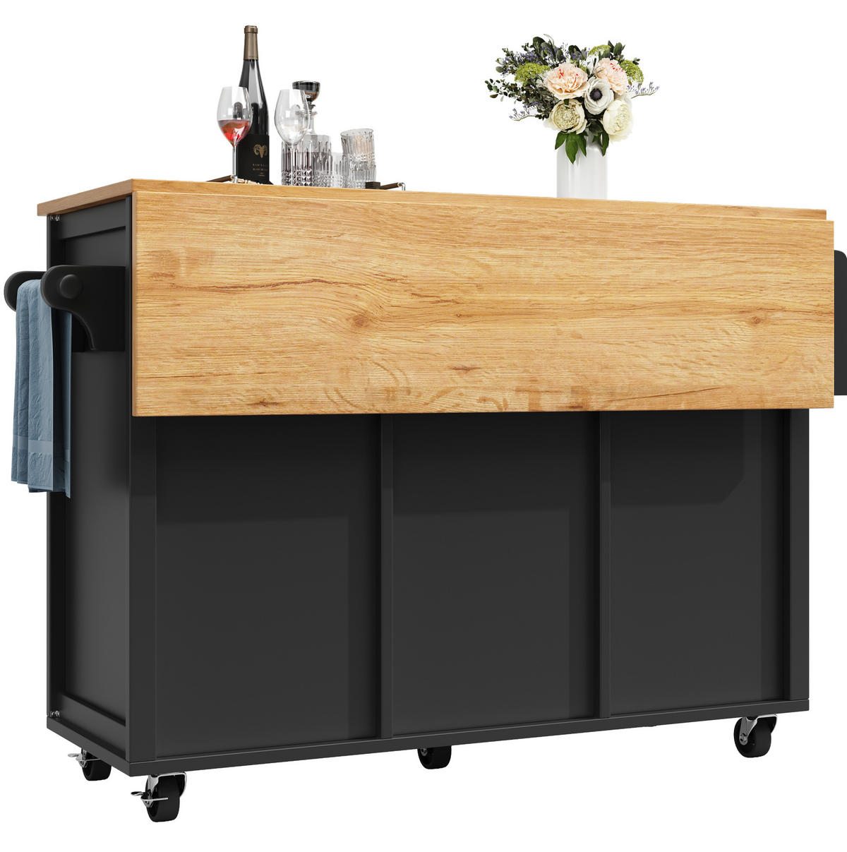 KÜCHENINSEL 137,9/73/92,2 cm aus MDF und Metall mit klappbarer Arbeitsplatte Schwarz - Schwarz, Holzwerkstoff (137.9/92/73cm) - Modenvie