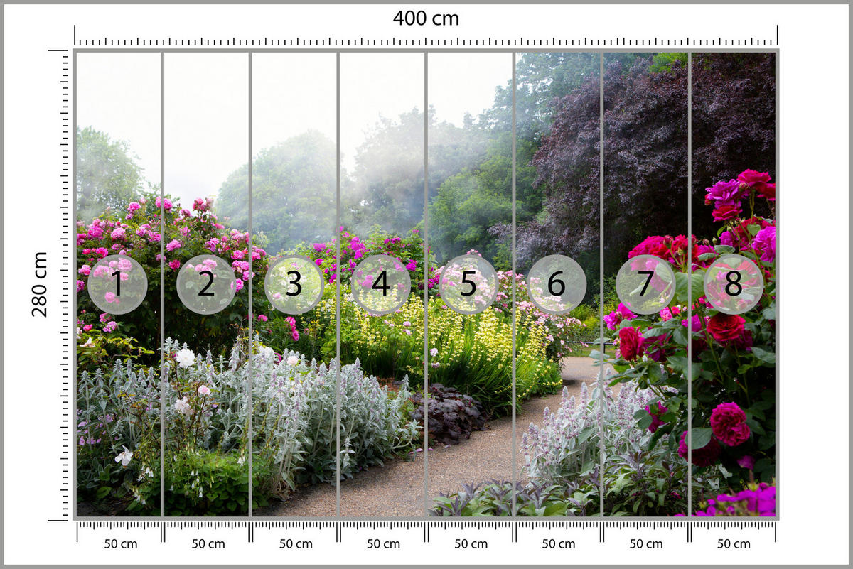 FOTOTAPETE für Schlafzimmer Bunte Blumen Waldweg Rosen Bäume 400x280 - Gelb/Violett, Papier (400/280cm) - Muralo