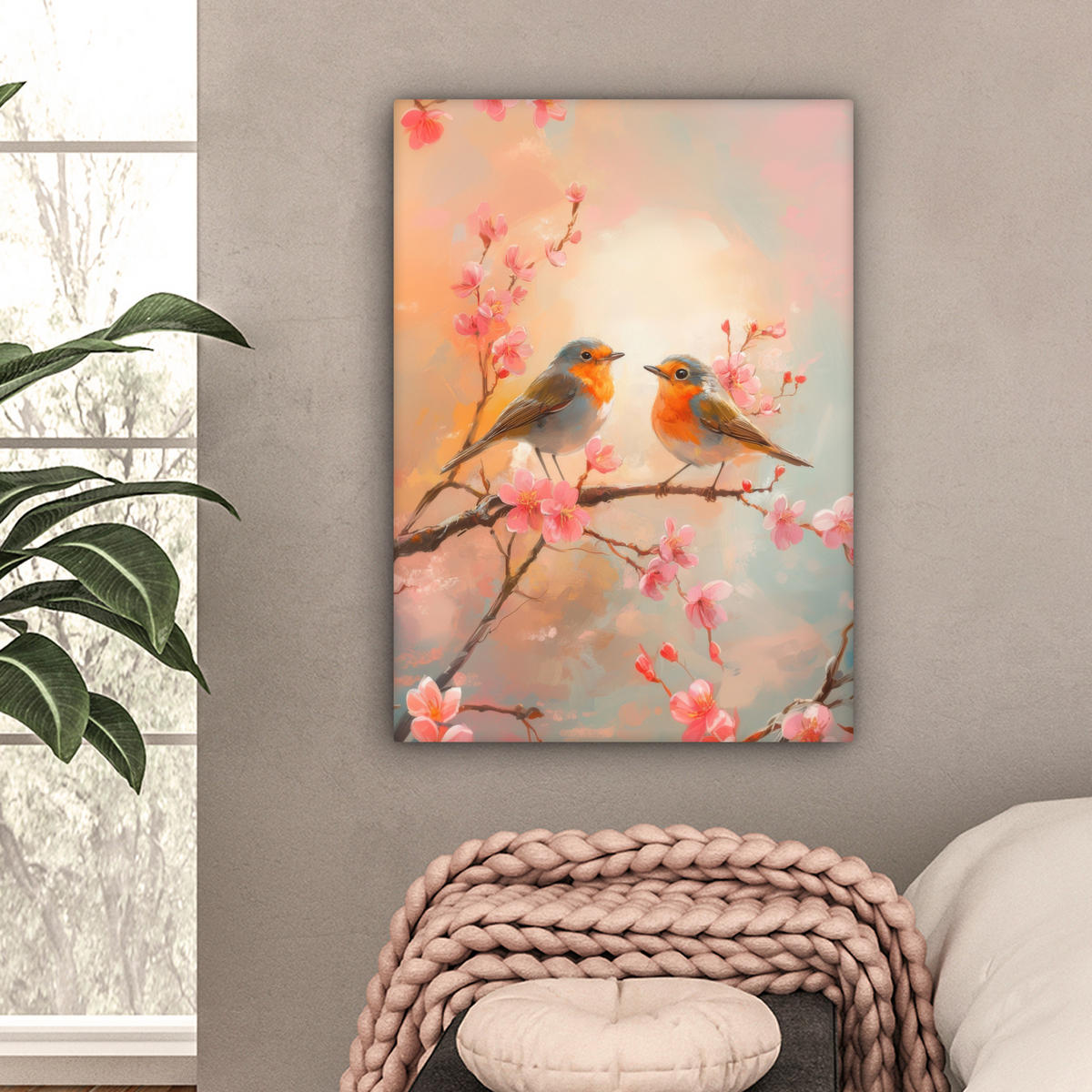 LEINWANDBILD Rotkehlchen - Zierpflanze - Blütenzweig Wandbild Wohnzimmer 60x80 cm - Hellrosa, Textil (60/80cm) - MuchoWow