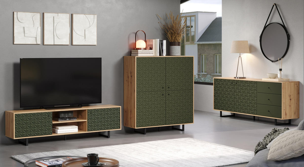 TV-LOWBOARD grün matt mit 3D Struktur, Eiche Artisan 184 cm, TV-Unterteil mit Soft-Close - Schwarz/Eiche Artisan, Holzwerkstoff/Kunststoff (184/52/40cm) - Top.Furn