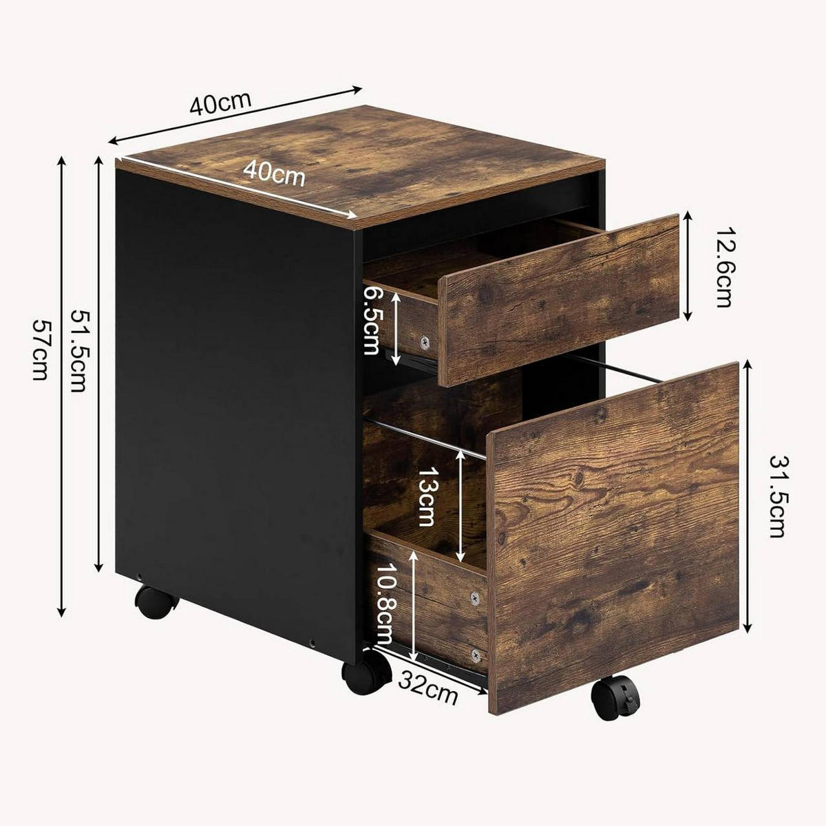 ROLLCONTAINER, Aktenschrank, 40x57x40cm, Vintage-Holzoptik - Dunkelbraun, Holzwerkstoff (40/57/40cm) - Woltu