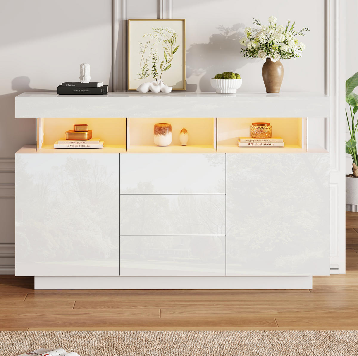 SIDEBOARD 140/35/80 cm weiß aus Spanplatte mit Acryl und LED - Weiß, Holzwerkstoff (140/80/35cm) - OKWISH