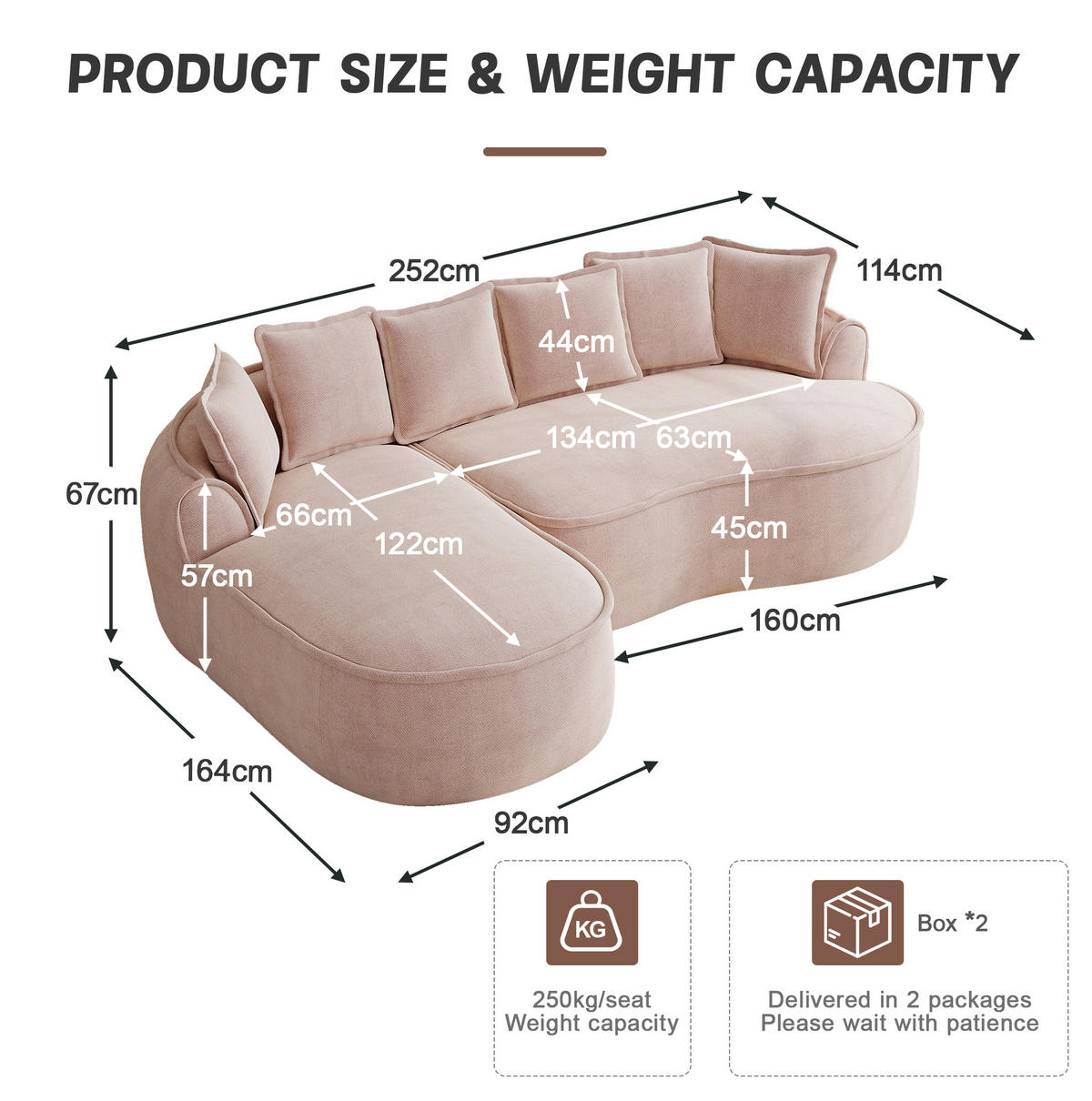 ECKSOFA 252/164/67 cm pink aus Chenille mit Schlaffunktion und Chaiselongue - Pink, Textil (164/252cm) - OKWISH
