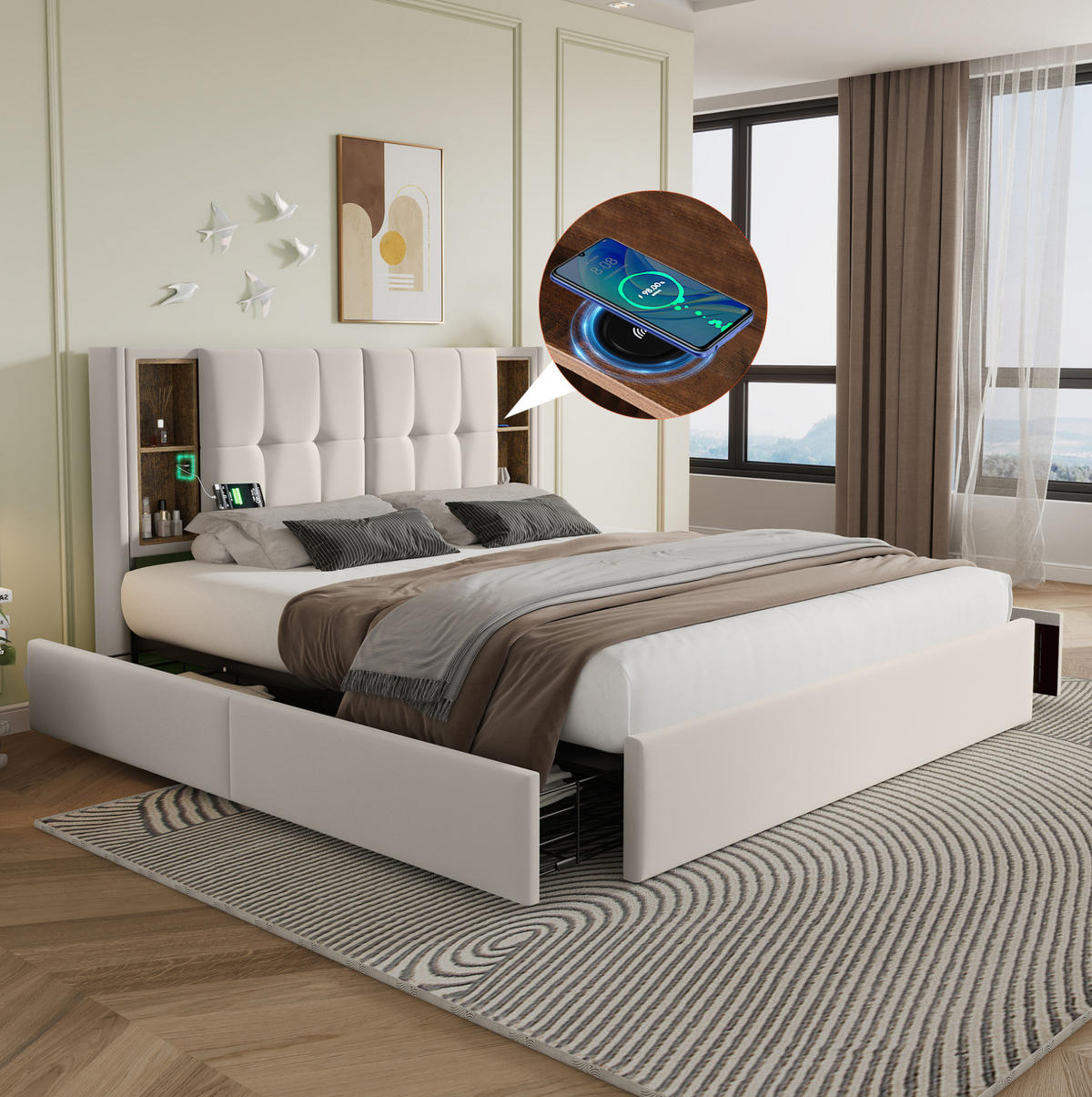 SAMT-POLSTERBETT 160/200 cm mit 4 Schubladen, USB-C und kabelloser Ladefunktion - Beige, Textil (160/200cm) - BEAOK