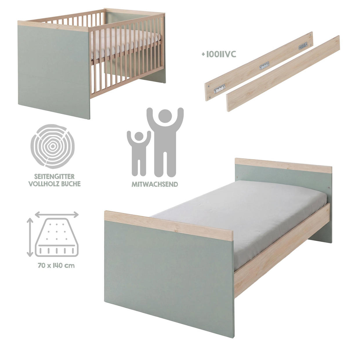KINDERBETT Jimmy Salbei - Eichefarben/Salbeigrün, Holz/Holzwerkstoff (70/140cm) - Roba