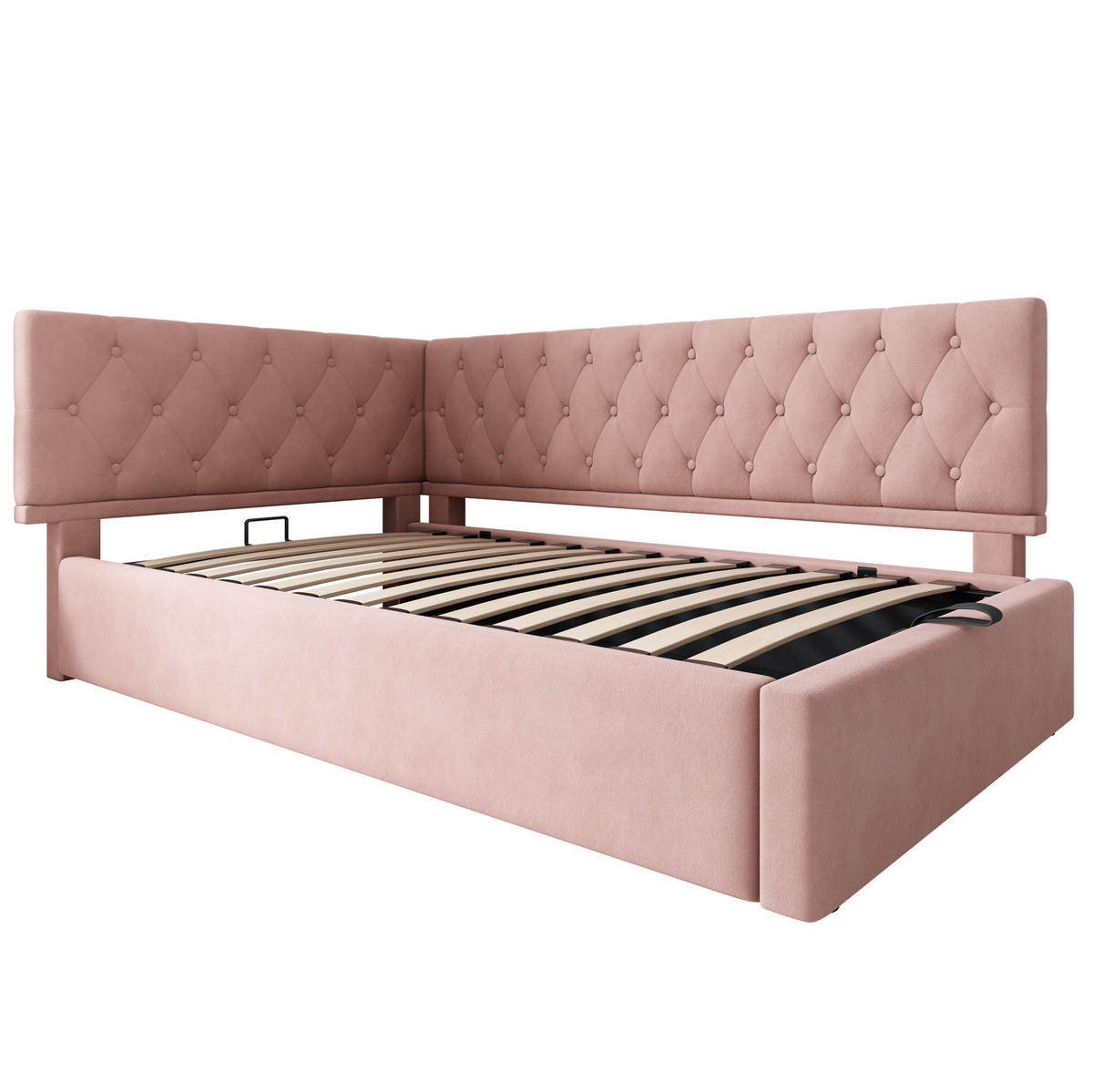POLSTERBETT 90/200 cm mit hydraulischem Bettkasten, L-förmiges Kopfteil, Rosa - Rosa, Textil (90/200cm) - Redom