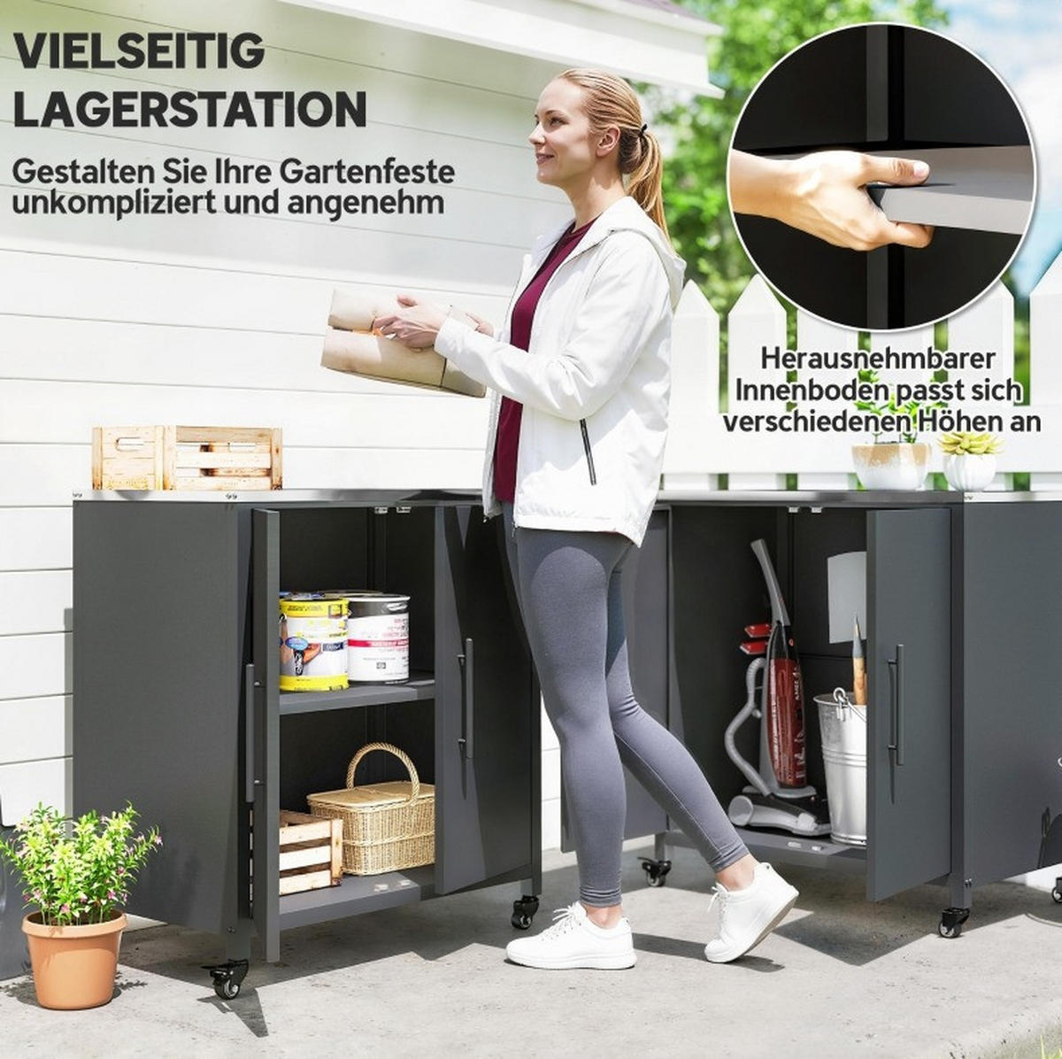 GARTENSCHRANK mit Pflanztisch, herausnehmbarem Einlegeboden, Edelstahl-Arbeitsplatte und Rollen, Schwarz - Schwarz, Metall (50/90/80cm) - Redom