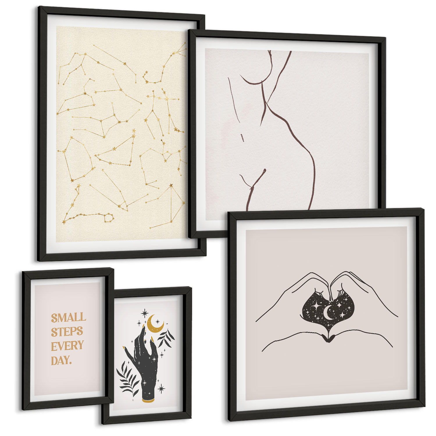 BILDER SET 5er Set - 50x50 cm & 20x30 cm & 40x60 cm Schwarzer Rahmen - Minimalistische Boho-Illustrationen - Schwarz, Kunststoff (40/60cm) - TULUP