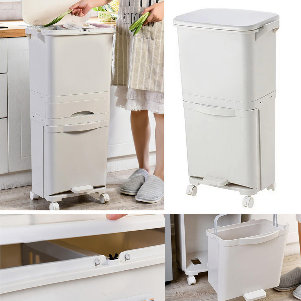 MÜLLEIMER 38L Mülltrennung 2-Stufig mit Rollen aus Kunststoff in Weiß Benutzerfreundliche Handhabung 42 cm (B) × 28,2 cm (T) × 73 cm - Weiß, Kunststoff (42/73/28.2cm) - Livingandhome
