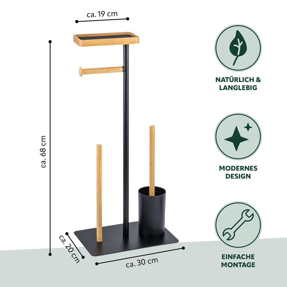 STAND-WC-GARNITUR 4in1, Bambus/Metall schwarz - Schwarz, Metall (30/68/20cm) - eluno