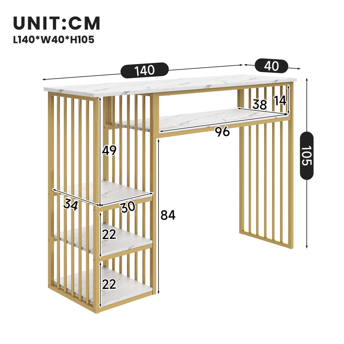 BARTISCH 140/40/105 cm mit Stauraum DE-39847 Gold - Goldfarben, Metall (40/140/105cm) - ComfortXL