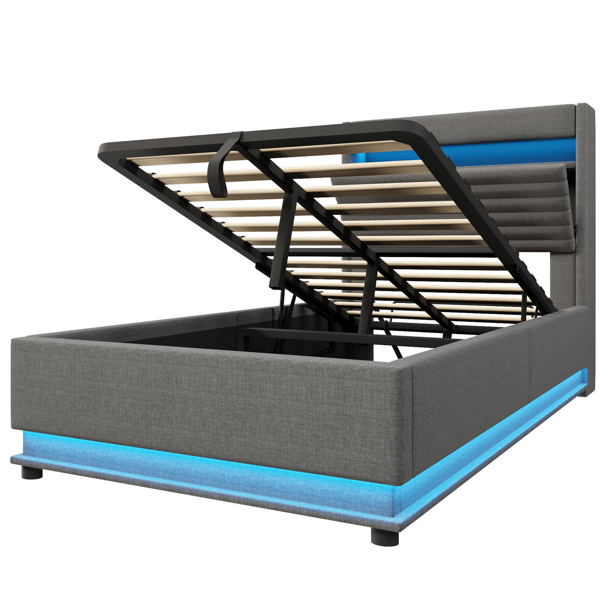 POLSTERBETT 90/200 cm Grau mit USB-Typ-C-Anschluss, LED-Beleuchtung und Ablagefach - Grau, Textil (90/200cm) - Oxeza