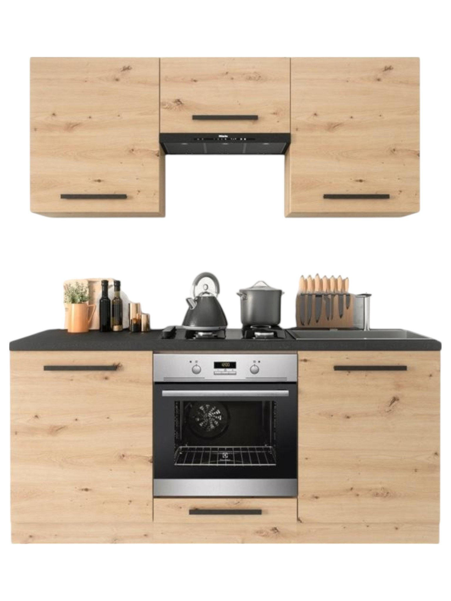 KÜCHENZEILE 180 cm – Nexa K23-G180 – in Woodline / Matt - Schwarz/Eiche Artisan, Holz/Metall (180/212/47cm) - ROYAL24_MARKT