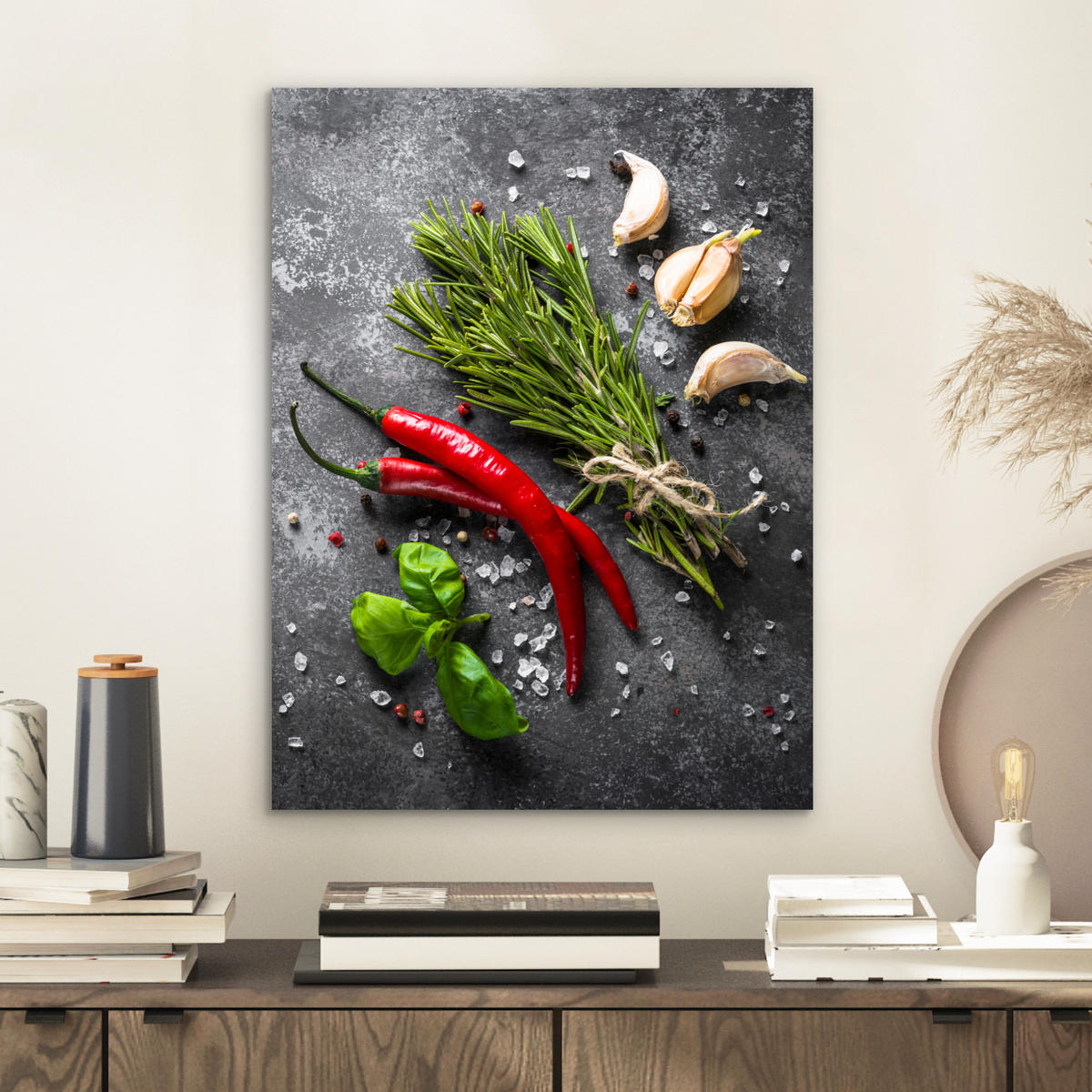 KOVOVÝ OBRAZ Korenie - bylinky - korenie - betón 30x40 cm - tmavosivá, kov (30/40cm) - MuchoWow