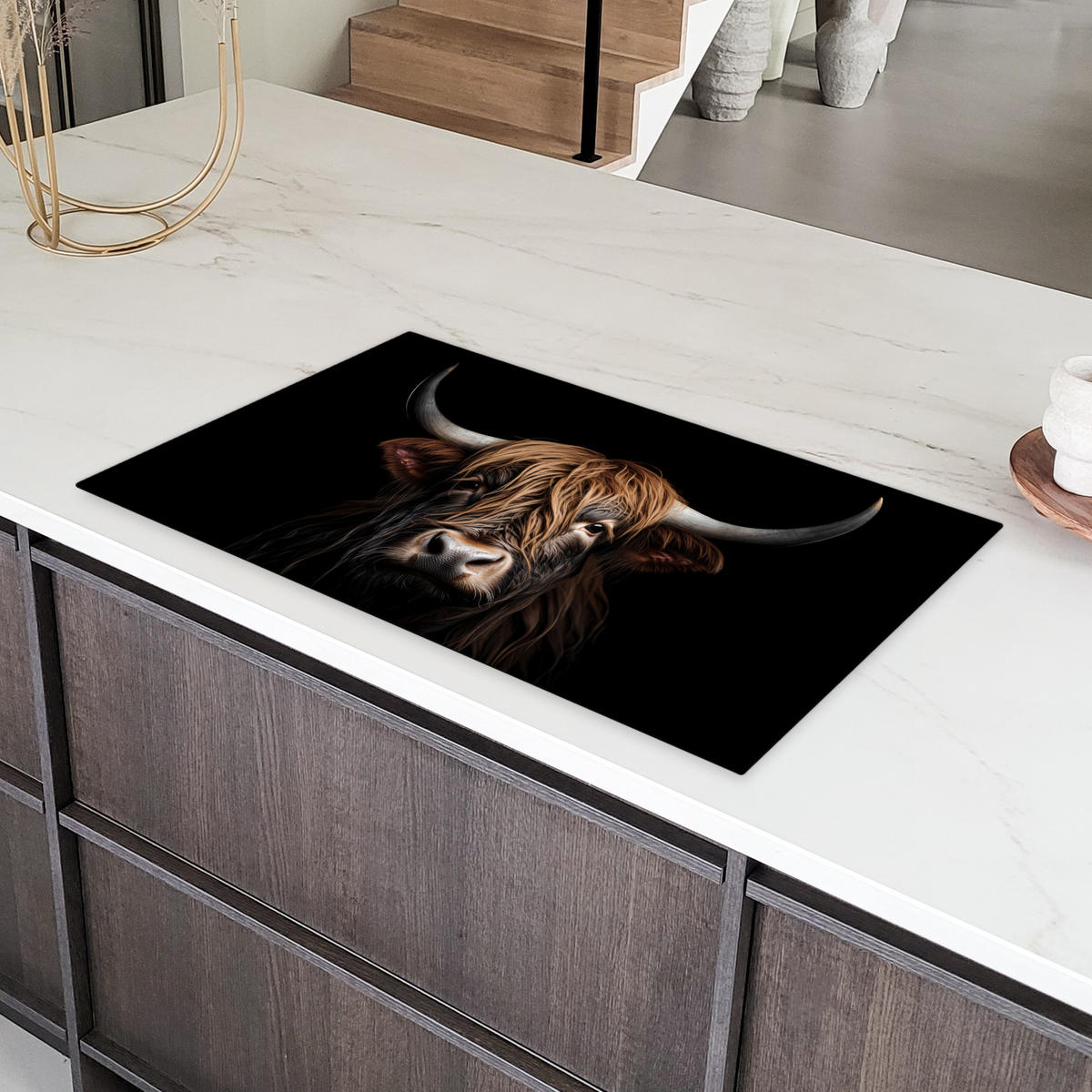 HERDABDECKPLATTE Schottischer Highlander - Porträt - Schwarz - Tier Induktionsschutz 91.2x52 cm - Braun, Kunststoff (91.2/52/0.2cm) - MuchoWow