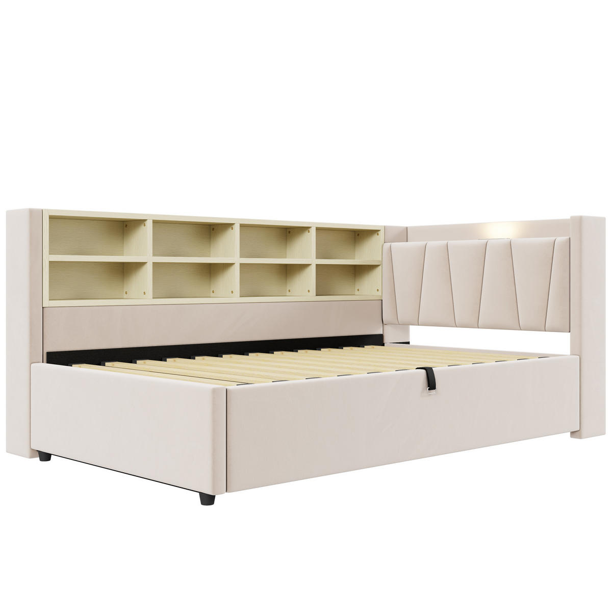 POLSTERBETT 90/200 cm in Beige Samt mit Bettkasten, LED, USB, Type-C und Ablagen - Beige, Holzwerkstoff/Textil (90/200cm) - WISHDOR