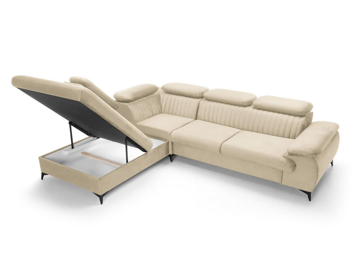 ECKSOFA FIORE Creme Velours-Stoff mit Schlaffunktion - Creme, Holz (275/221cm) - MASSENO