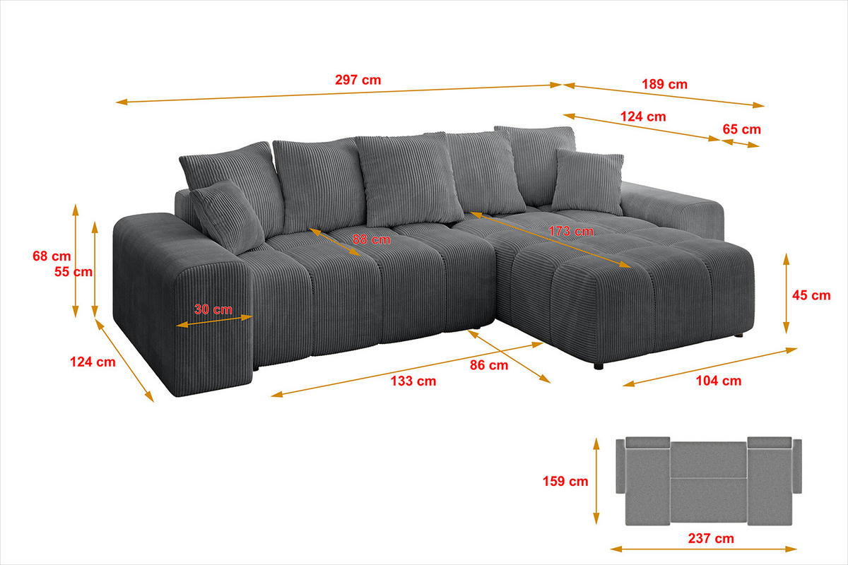 ECKSOFA Ottomane rechts ENIL-L 297x189x68 Dunkelgrau Cord - Dunkelgrau, Holzwerkstoff/Kunststoff (189/297cm) - ALTDECOR