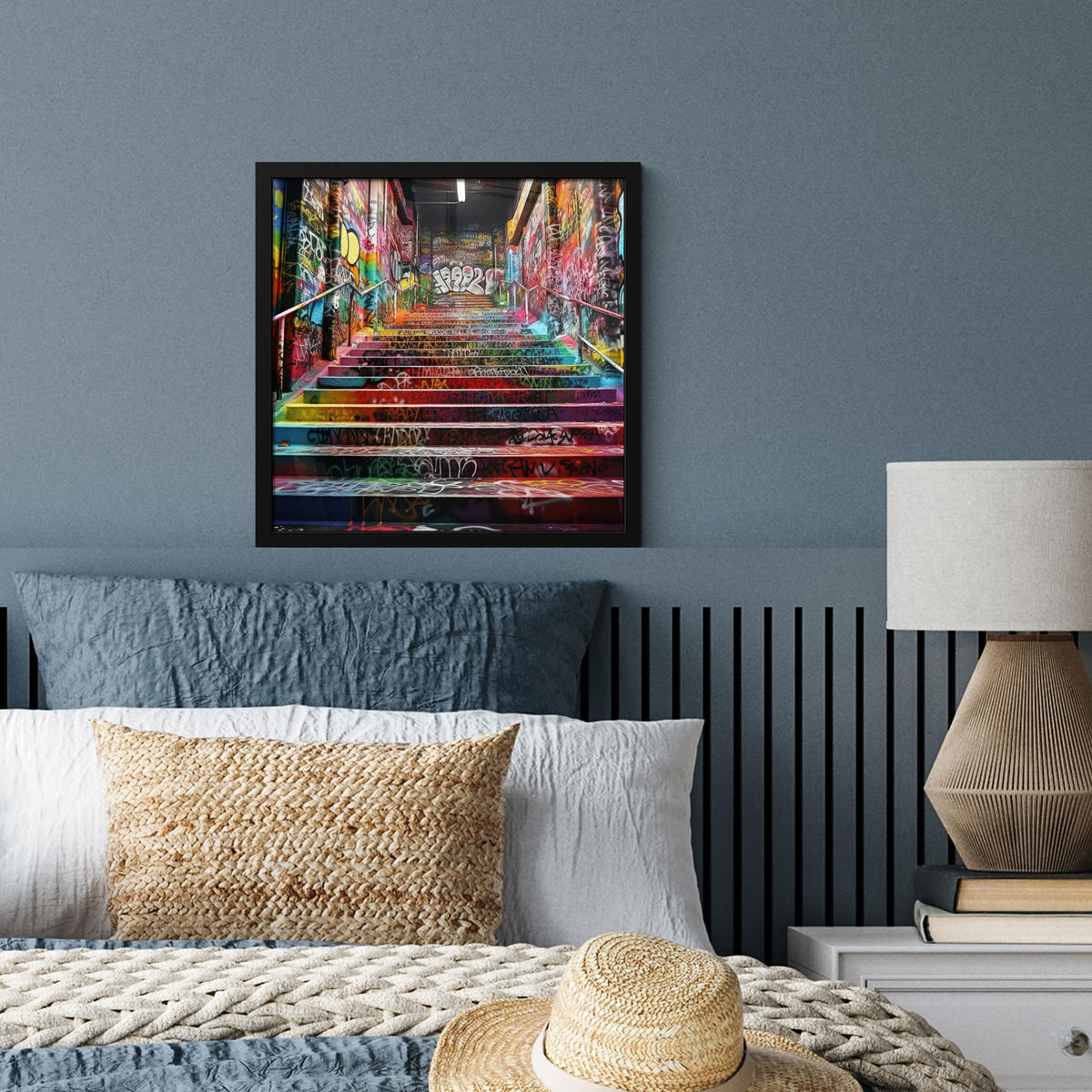 POSTER MIT RAHMEN Treppe - Graffiti - Farben - Kunst 40x40 cm - Multicolor, Papier (40/40cm) - MuchoWow