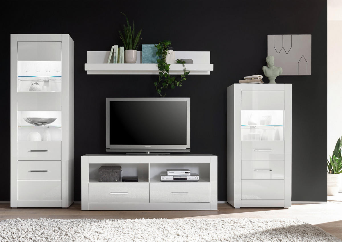 WOHNWAND weiß Hochglanz, Wohnkombination 4-teilig 300 x 198 cm - Chromfarben/Weiß Hochglanz, Glas/Holzwerkstoff (300/198/45cm) - Furn.Design