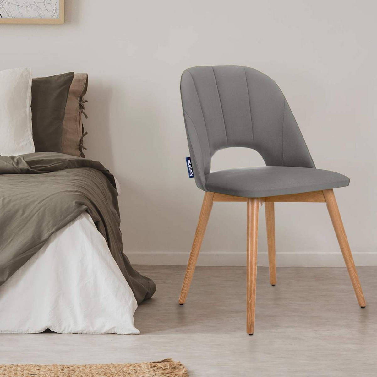 ESSZIMMERSTUHLE TINO 2-tlg Velours-Sitz, Grau - Eichefarben/Grau, Holz/Textil (48/86/44cm) - KONSIMO®