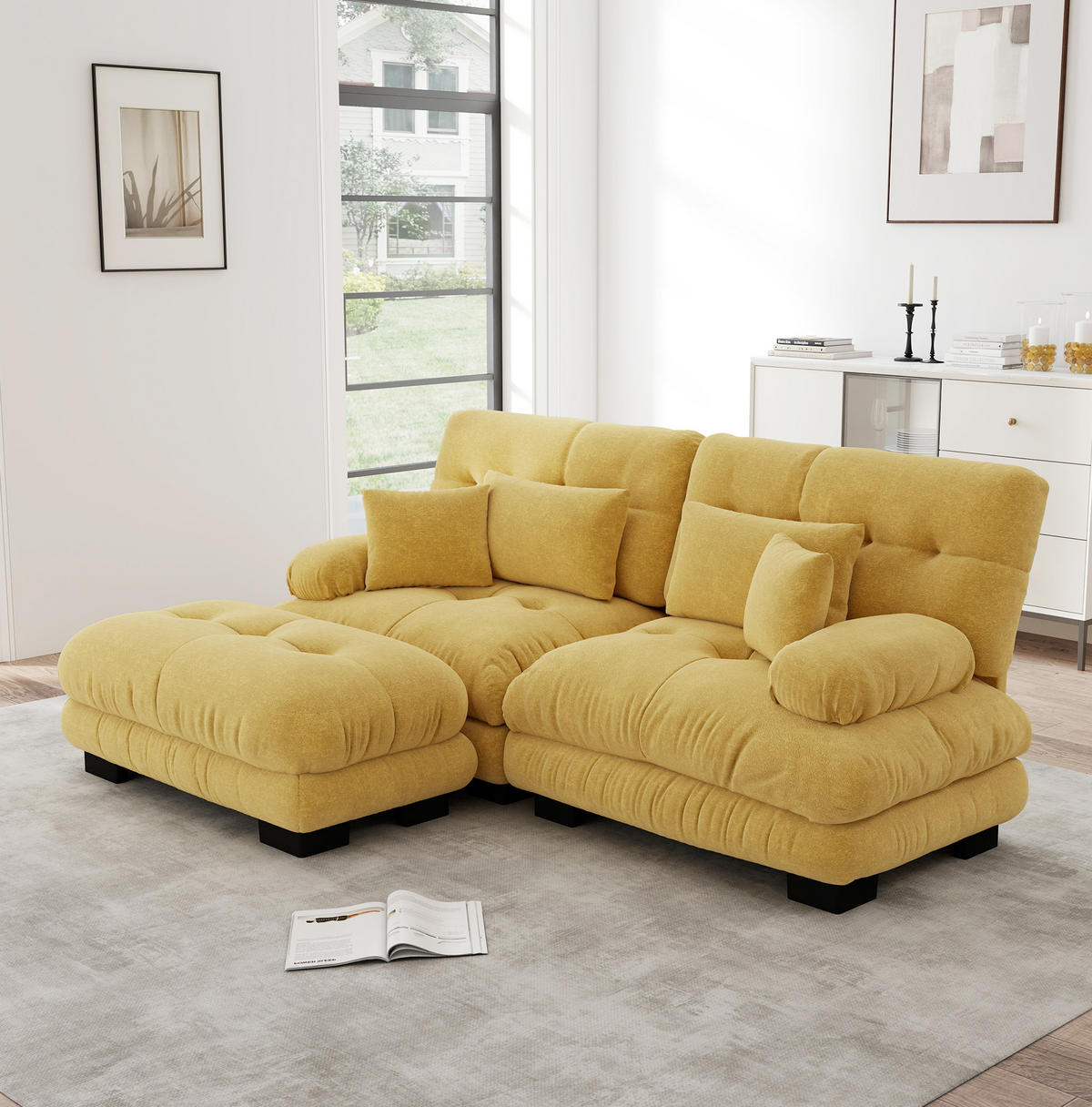 ECKSOFA aus Chenille in Gelb mit Ottomane & Kissen - Gelb, Textil (145/81/220cm) - Modfu