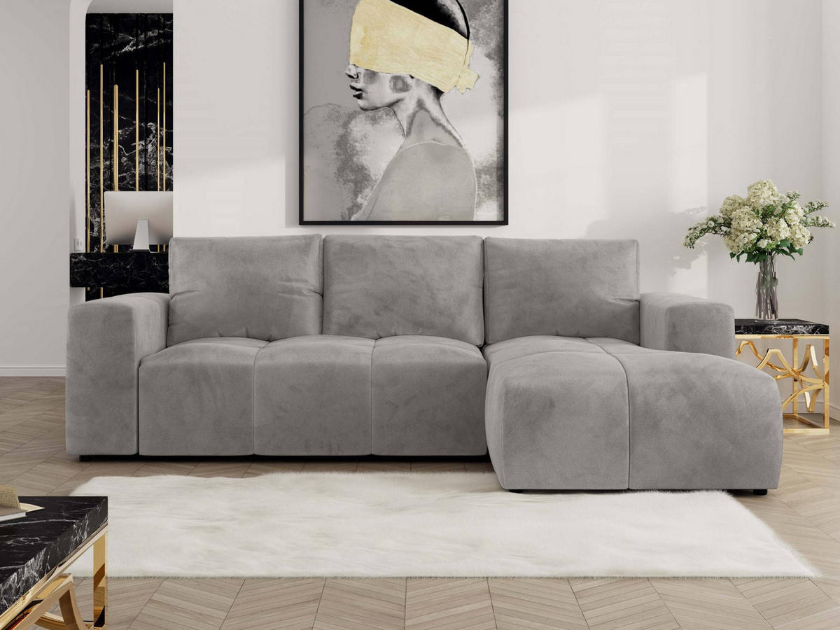 ECKSOFA MONIVA Hellgrau Velvet - Rechts - Hellgrau/Schwarz, Textil (266/164cm) - MKS