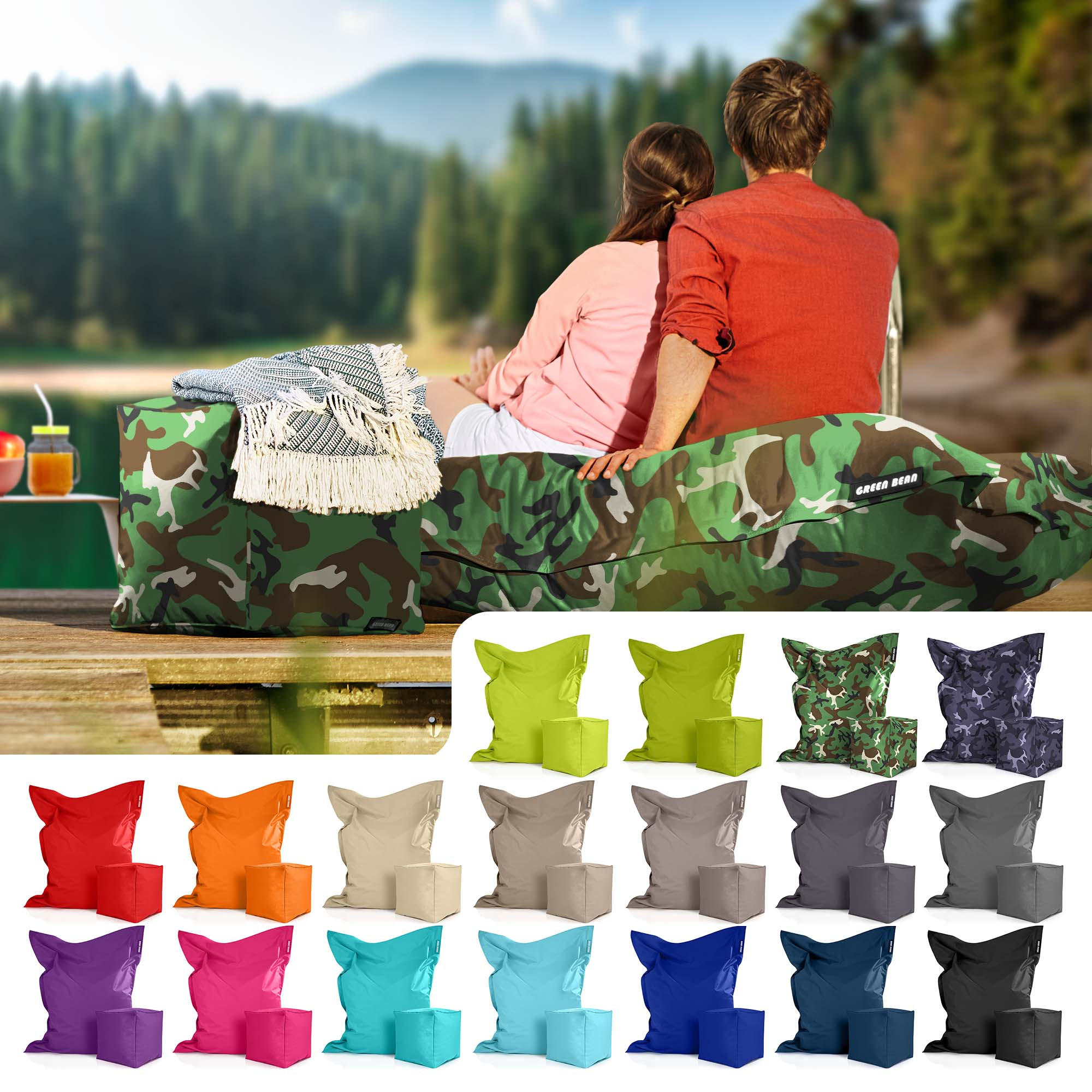 XXL-SITZSACK + Pouf 2er Set - 140x180cm - Braun/Grün, Textil (140/25/180cm) - Green Bean