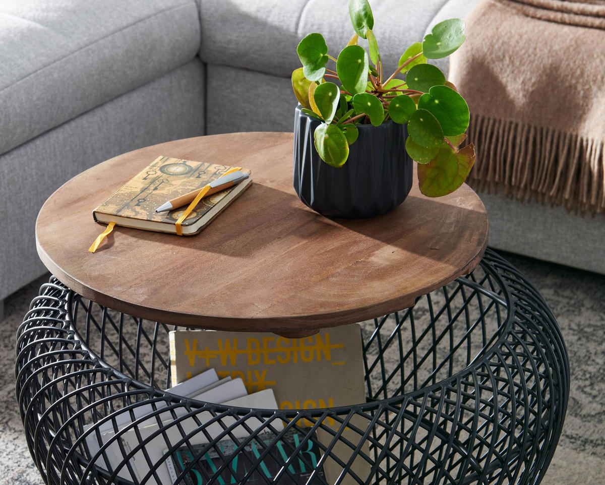 COUCHTISCH Rund mit Stauraum, Holz-Metallgestell, Mango-Massivholz, Schwarz 60x60x45 cm - Schwarz, Holz/Metall (60/60/45cm) - KADIMA DESIGN
