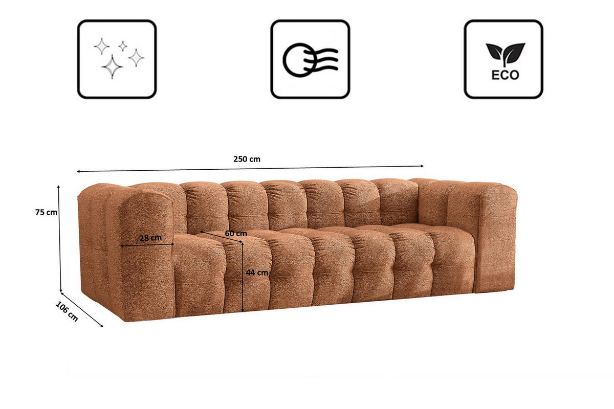 SOFA 4-Sitzer, Komfort, BALOO, Stoff Schenille & Bouclé, Orange - Orange, Holz (250/75/106cm) - Kaiser Möbel