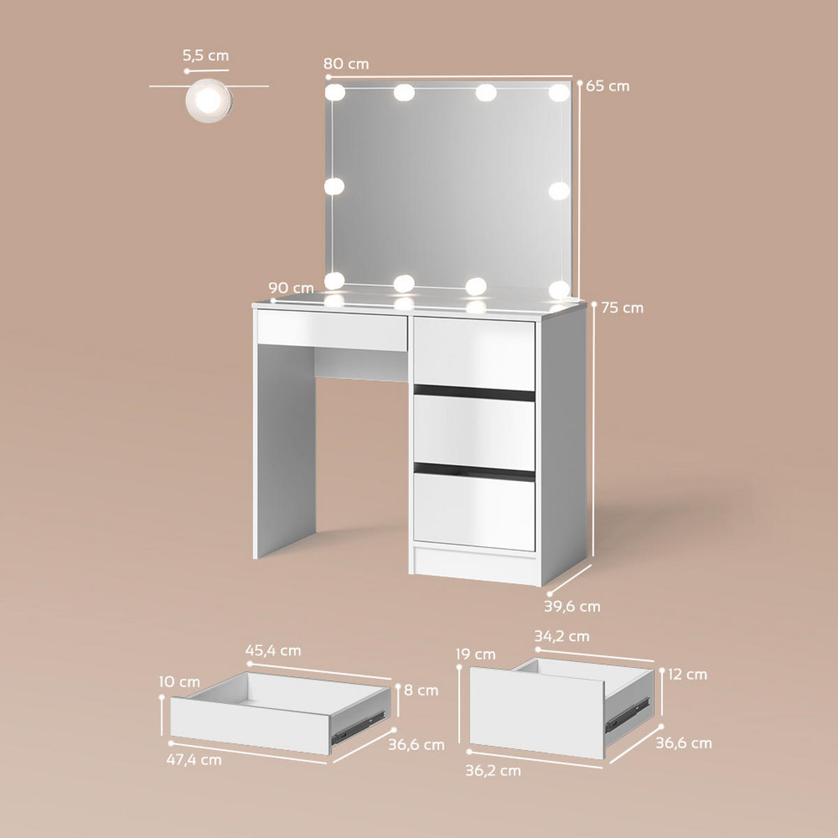 SCHMINKTISCH Imola Weiß 90 cm mit LED Beleuchtung - Weiß, Holzwerkstoff (90/75/40cm) - Livinity®