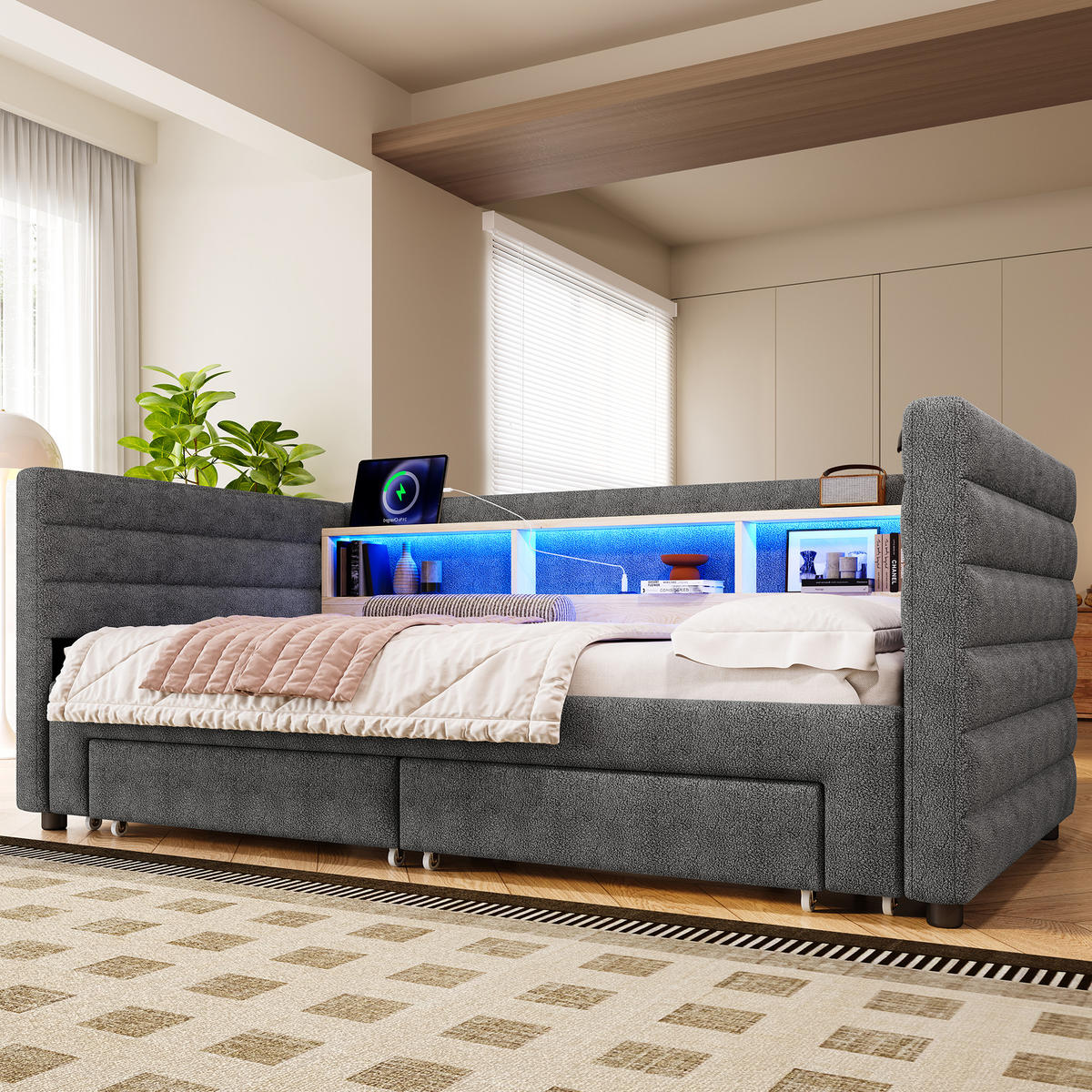 POLSTERBETT 90/190 cm mit Ausziehfunktion, LED-Beleuchtung, USB-C/USB und Stauraum aus Samt, Grau - Grau, Textil (90/190cm) - Redom