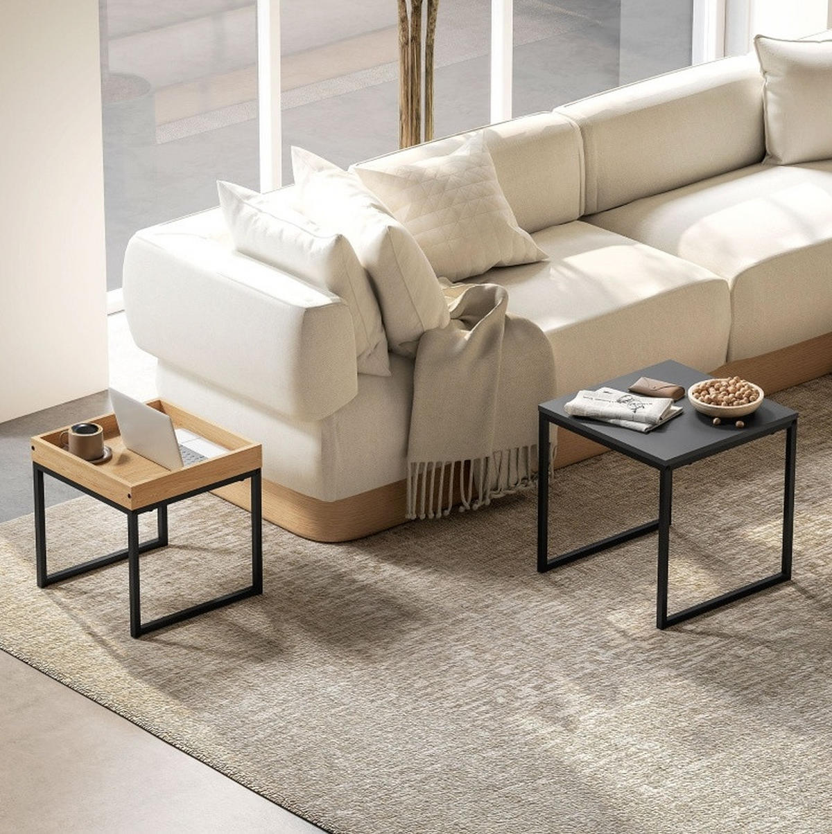 COUCHTISCH-SET 45/45/45 cm und 40/40/40 cm mit abnehmbarem Tablett und ineinanderschiebbarer Funktion, Schwarz - Schwarz, Metall (45/45/45cm) - Redom