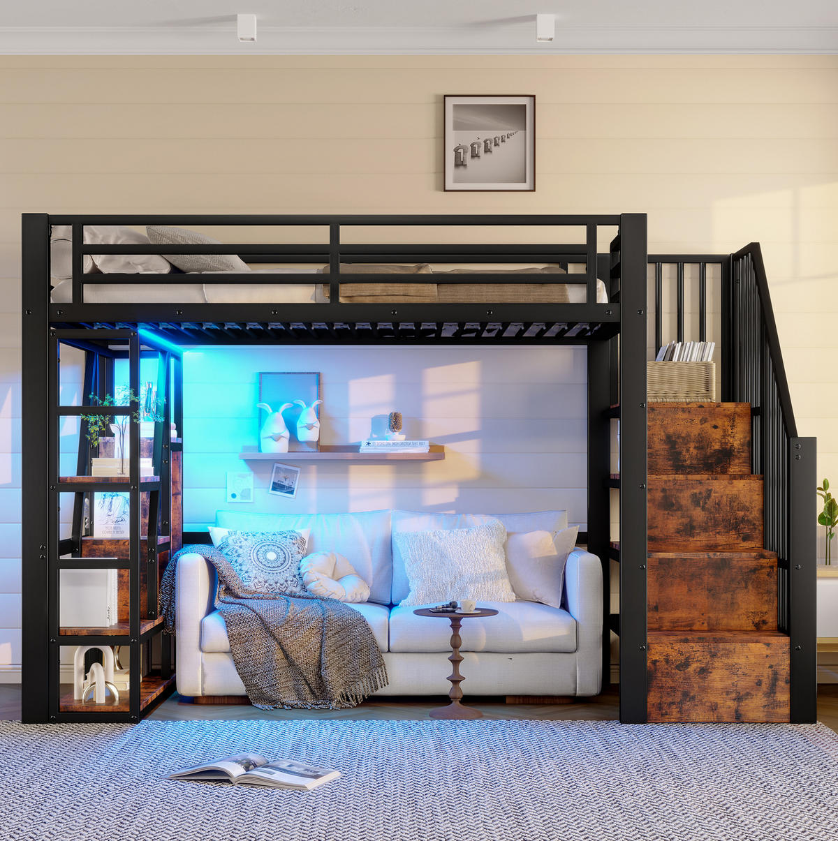 HOCHBETT 90/200 cm aus Metall und MDF mit LED-Beleuchtung, Ablage und Stauraum - Schwarz, Holzwerkstoff (90/200cm) - Flora Grace