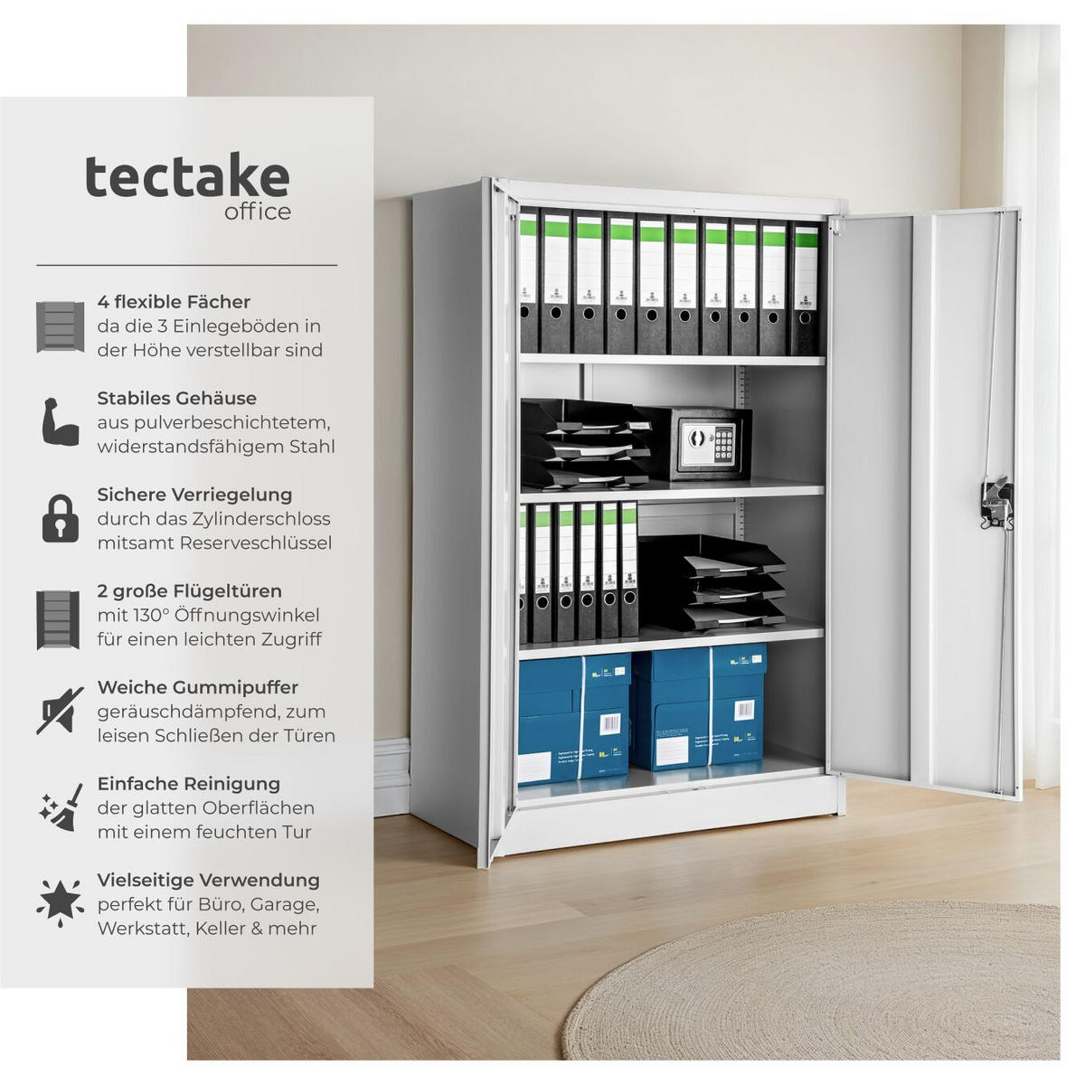 AKTENSCHRANK ,140 x 90 x 40 cm,grau - Grau, Metall (90/140/40cm) - tectake