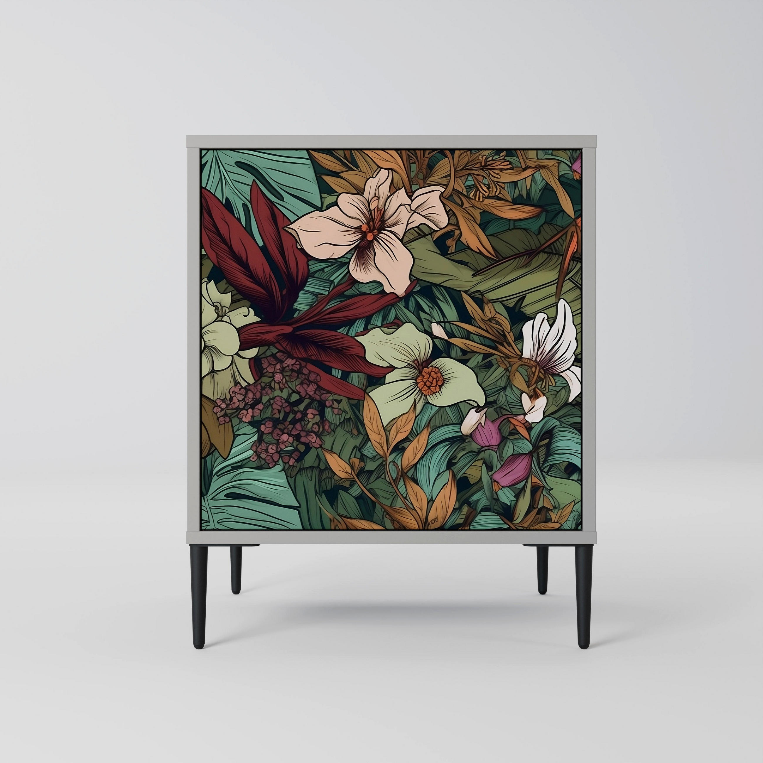 SIDEBOARD BOTANICAL EMERGENCE, Grau, 57,5x42x72,5 cm, Schwarze Metallfüße - Multicolor/Schwarz, Holzwerkstoff/Metall (57.5/72.5/42cm) - SpaceRebels