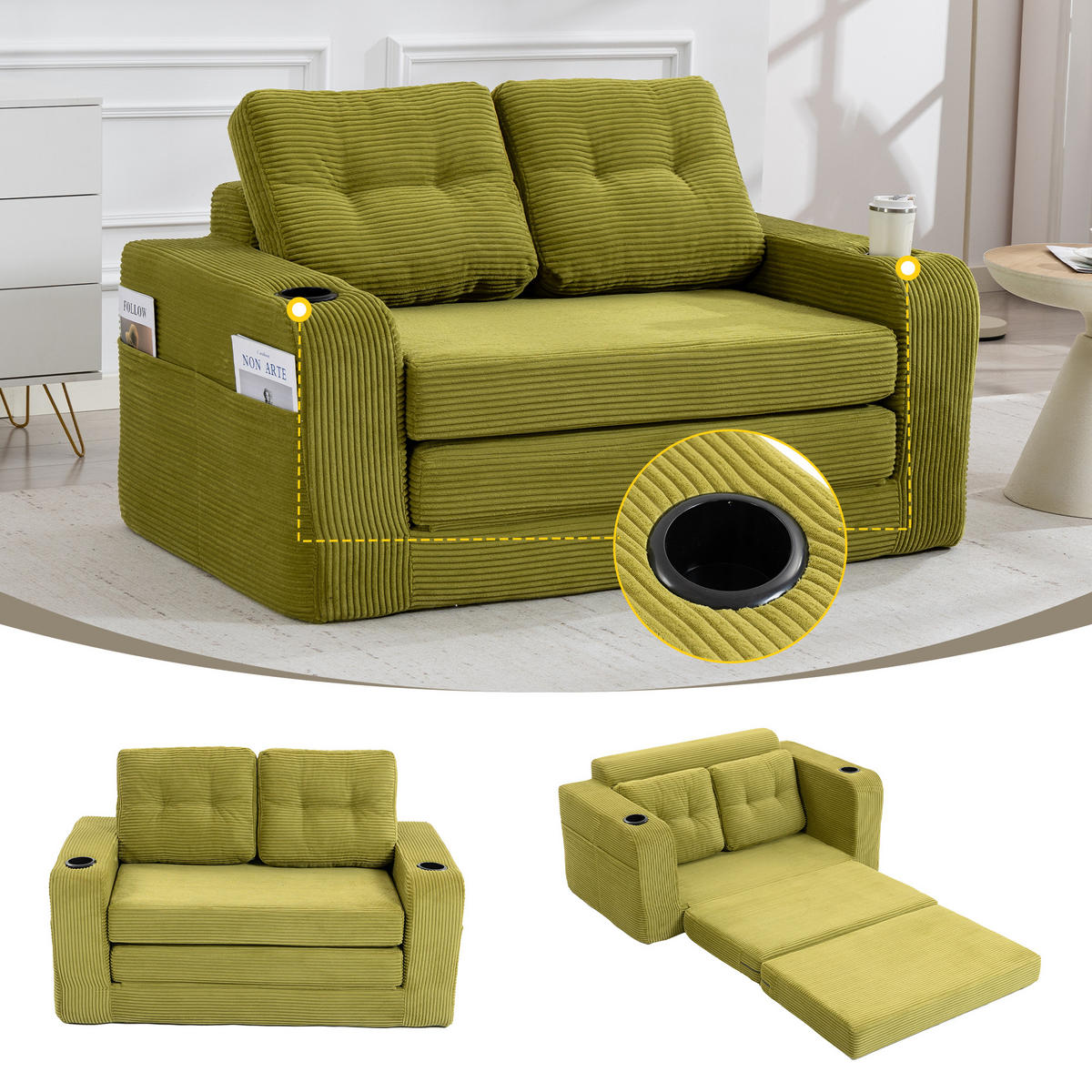 SCHLAFSOFA in Olive Cord mit Getränkehalter und Seitentaschen - Olivgrün, Textil (136/82.5/80cm) - Oxeza