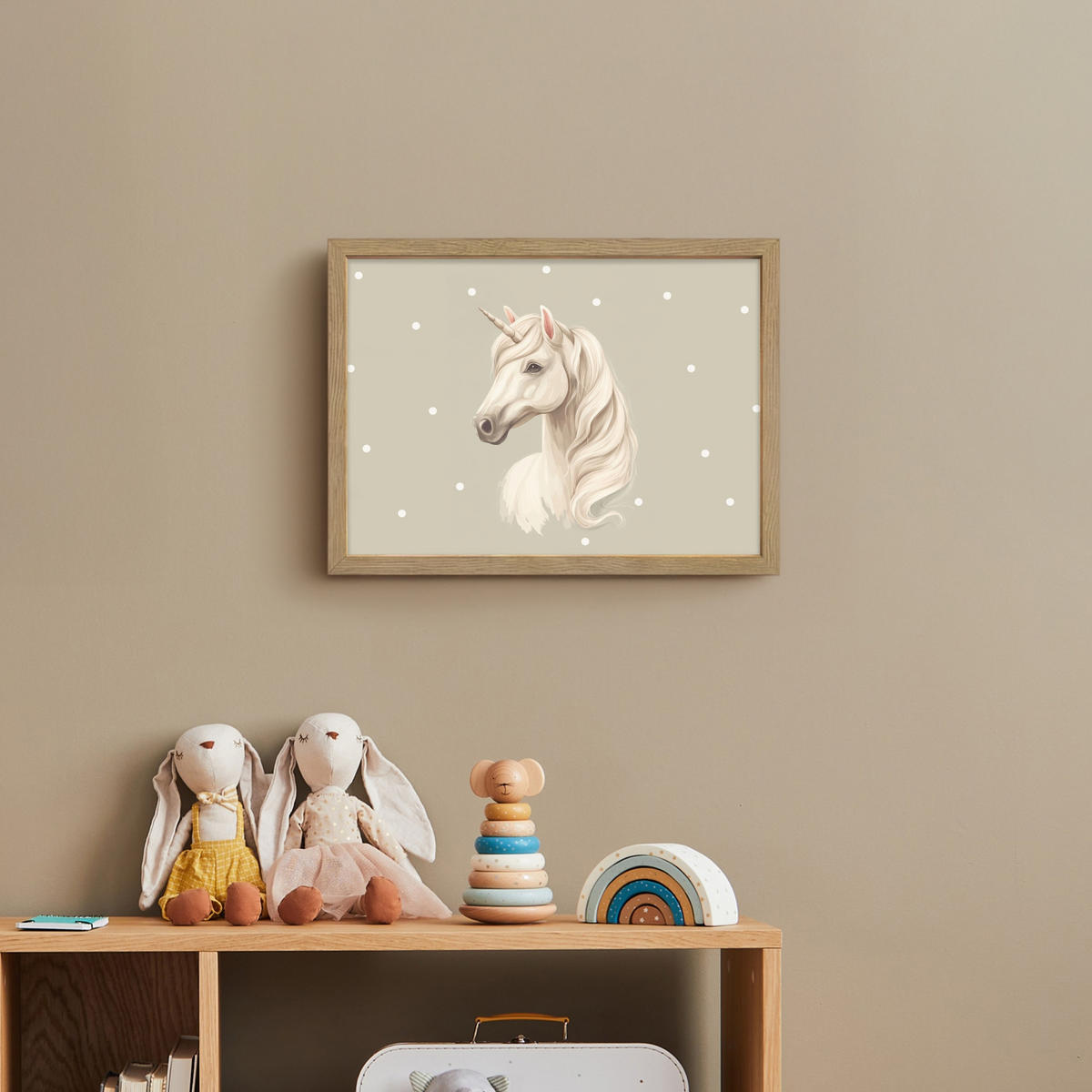 NÁSTĚNNÁ LAMPA S AKUMULÁTOREM Jednorožec - bílý - tečky 40x30 cm - šedohnědá, kompozitní dřevo (40/30/8cm) - OnlyWow