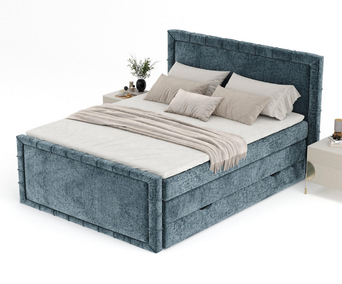 BOXBETT Estelle Blau 140/200 cm im Chenille-Stoff - Blau/Schwarz, Holz/Holzwerkstoff (140/200cm) - Maison de Reve